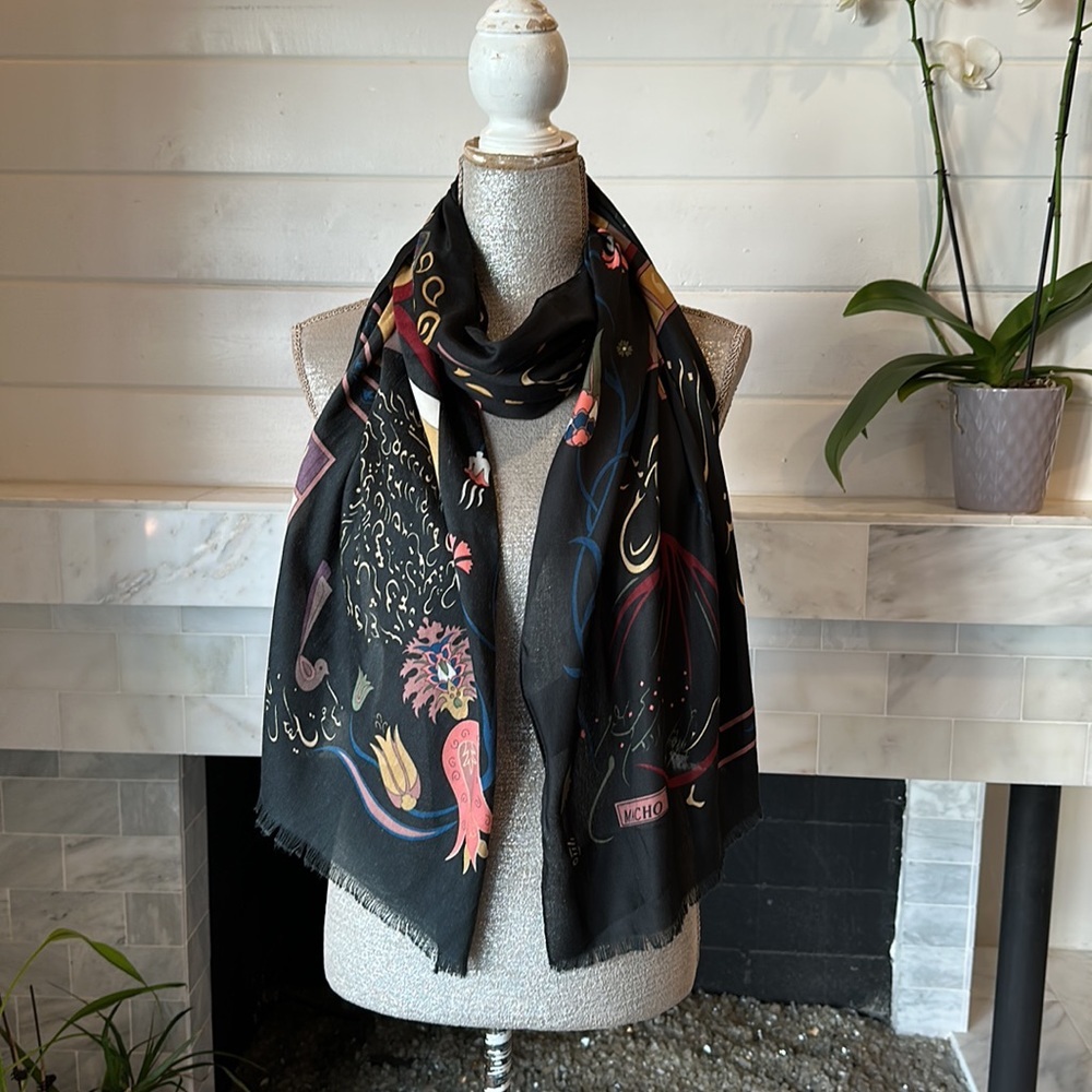 Macho Black Multicolored Abstract & Nature Turkish Print Wrap or Scarf